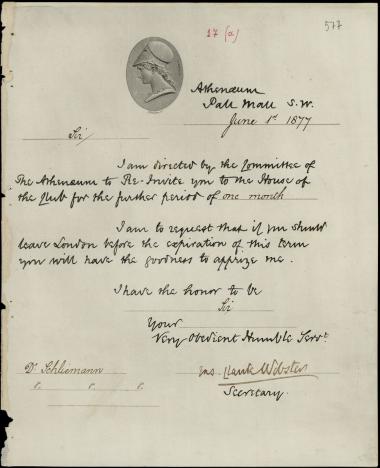 Letter sent by Athenaeum Club to Schliemann, Heinrich, 1877