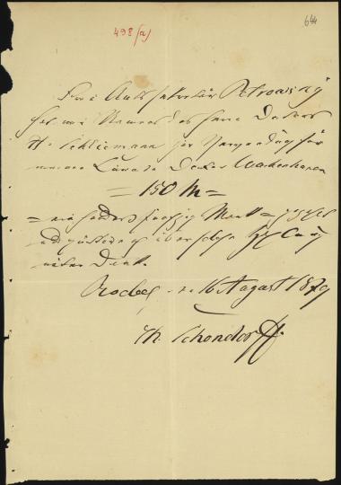 Letter sent by Schondorff, Th. to Schliemann, Heinrich, 1879