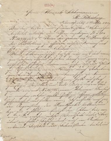 Letter sent by Hochberg-Geisenheimer, B. to Schliemann, Heinrich, 1850