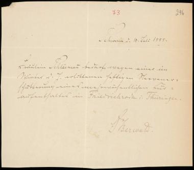 Letter sent by Berwald, ? to Schliemann, Heinrich, 1888