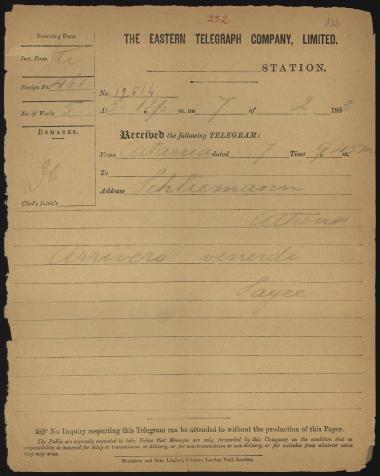 Letter sent by Sayce, Archibald Henry to Schliemann, Heinrich, 1883
