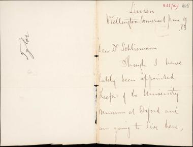 Letter sent by Tylor, Edward B. to Schliemann, Heinrich, 1883