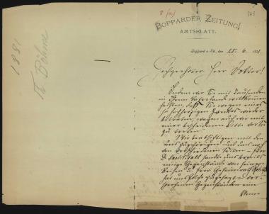 Letter sent by Böhme, Theod. to Schliemann, Heinrich, 1881