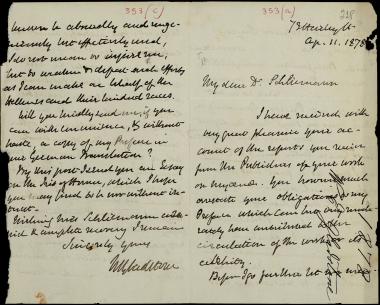 Letter sent by Gladstone, William Ewart  to Schliemann, Heinrich, 1878