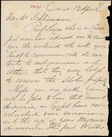 Letter sent by Grant, J. A. S. to Schliemann, Heinrich, 1889