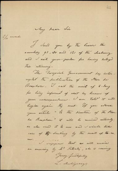 Letter sent by Δεληγεώργης, Λ. to Schliemann, Heinrich [1874]