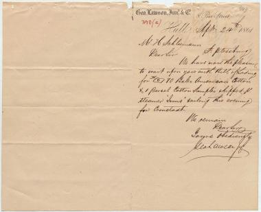 Letter sent by Lawson, G. Jr. & Co. to Schliemann, Heinrich, 1861