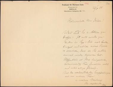 Letter sent by Cohn, Hermann to Schliemann, Heinrich, 1888