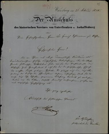 Letter sent by Historischer Verein von Unterfranken und Aschaffenburg to Schliemann, Heinrich, 1878