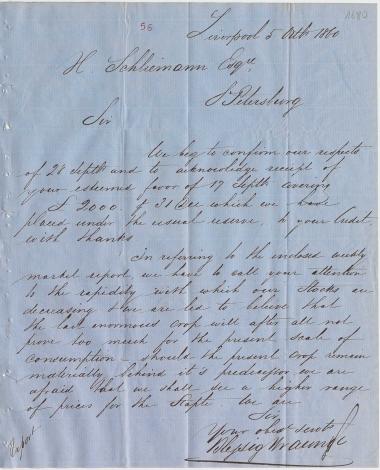 Letter sent by Blessig Braun & Co. to Schliemann, Heinrich, 1860
