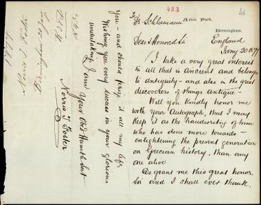 Letter sent by Foster, Norris J. to Schliemann, Heinrich, 1877