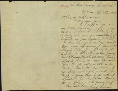 Letter sent by Parsons, Charles to Schliemann, Heinrich, 1879