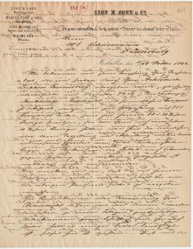 Letter sent by Cohn, Lion M. & Co. to Schliemann, Heinrich, 1862