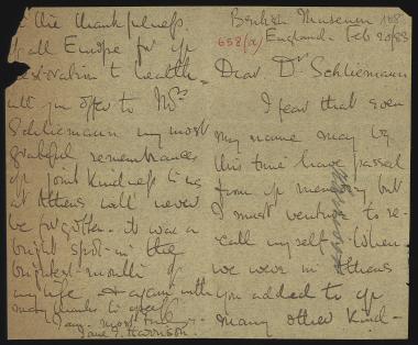 Letter sent by Harrison, Jane S. to Schliemann, Heinrich, 1883