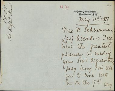Letter sent by Rutherford, Alcock to Schliemann, Heinrich, 1877