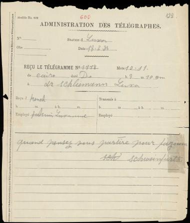 Letter sent by Schweinfurt, G. to Schliemann, Heinrich, 1888