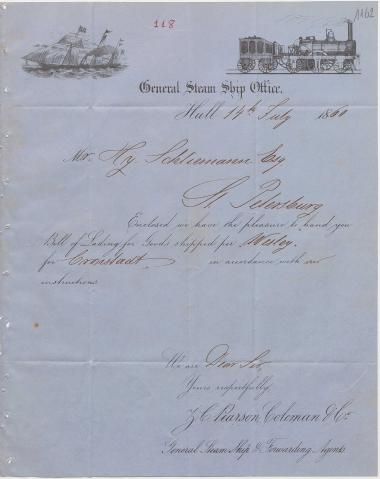 Letter sent by Pearson, Coleman & Co. to Schliemann, Heinrich, 1860