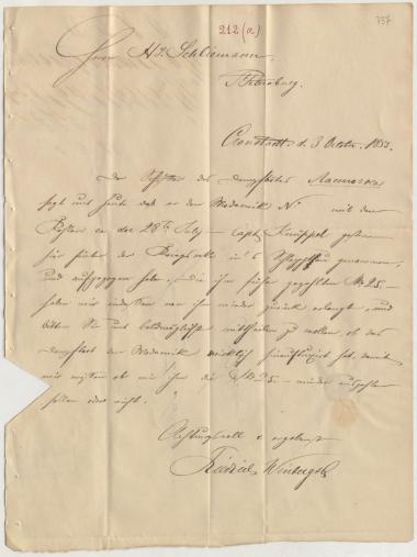 Letter sent by Winberg, Friedrich & Co. to Schliemann, Heinrich, 1853