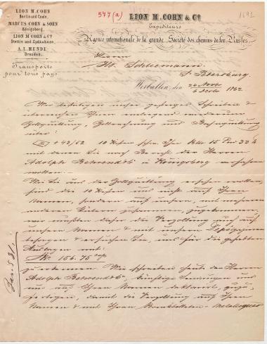 Letter sent by Cohn, Lion M. & Co. to Schliemann, Heinrich, 1862