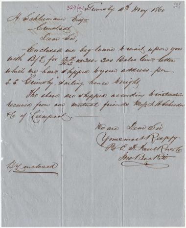 Letter sent by Faulkner, C. F. & Co. to Schliemann, Heinrich, 1860