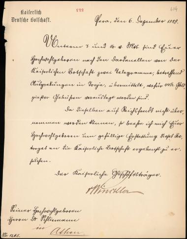 Letter sent by Kaiserlich Deutsche Botschaft to Schliemann, Heinrich, 1889