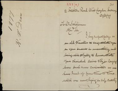 Letter sent by Draw, R. H. to Schliemann, Heinrich, 1877