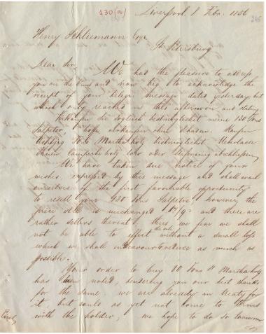 Letter sent by Telo & Prange to Schliemann, Heinrich, 1856