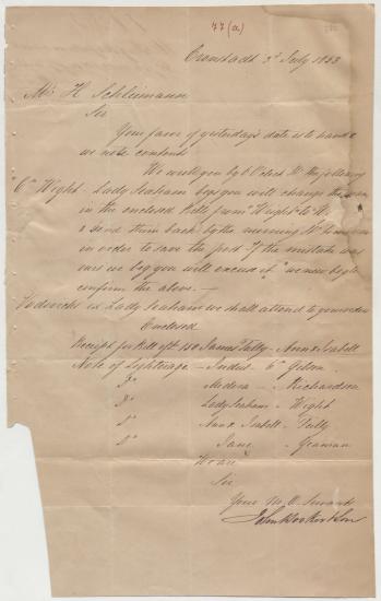 Letter sent by Booker, John & Son to Schliemann, Heinrich, 1853