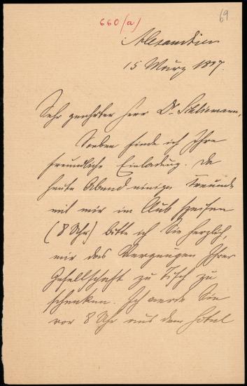 Letter sent by Schmidt, Adolf to Schliemann, Heinrich, 1887