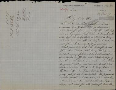 Letter sent by Keller, Ferdinand to Schliemann, Heinrich, 1877
