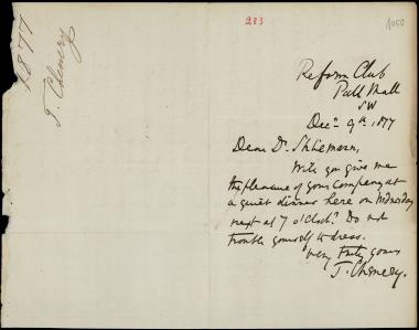 Letter sent by Chenery, T. to Schliemann, Heinrich, 1877
