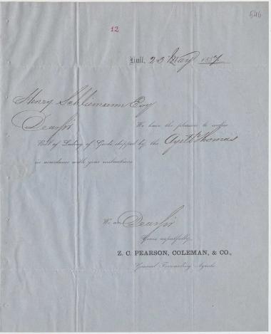 Letter sent by Pearson, Coleman & Co. to Schliemann, Heinrich, 1857
