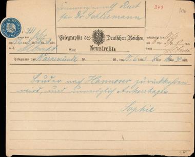 Letter sent by Σλήμαν, Σοφία to Schliemann, Heinrich, 1883