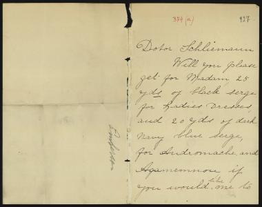 Letter sent by ?, Antigone to Schliemann, Heinrich, 1885