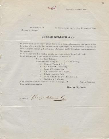 Letter sent by Kellner, George to Schliemann, Heinrich, 1849