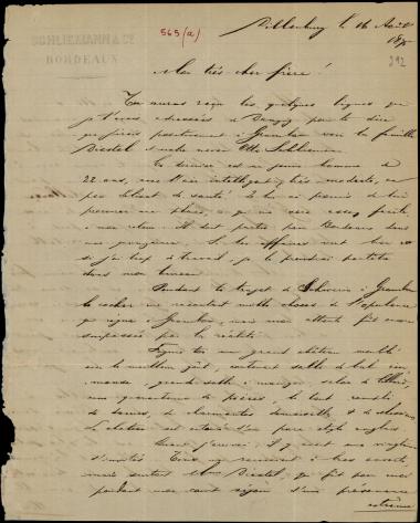 Letter sent by Engel, Fritz W. to Schliemann, Heinrich, 1875