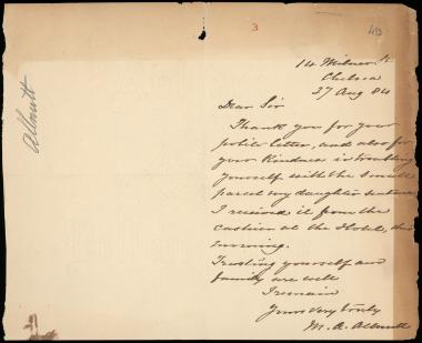 Letter sent by Allnutt, M. A. to Schliemann, Heinrich, 1884
