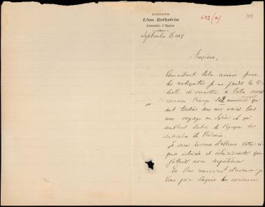 Letter sent by Rothstein, Léon to Schliemann, Heinrich, 1889