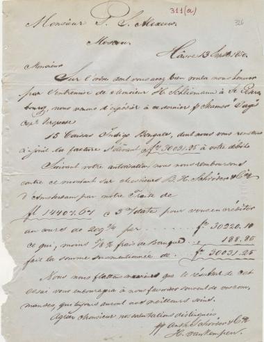 Letter sent by Schröder, Anth. & Co. to Alekseyev, Pyotr Semyonovich, 1850