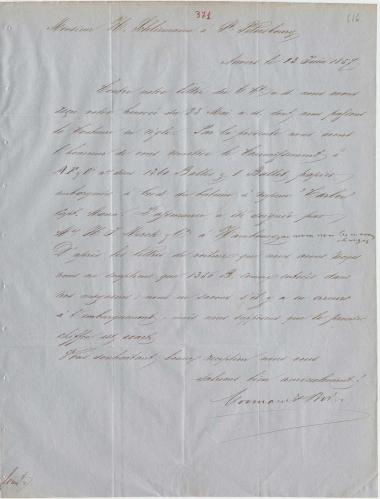 Letter sent by Coomans & Born to Schliemann, Heinrich, 1857