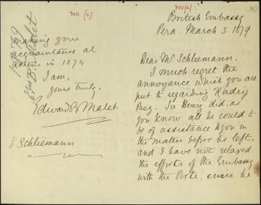 Letter sent by Malet, Edward B. to Schliemann, Heinrich, 1879