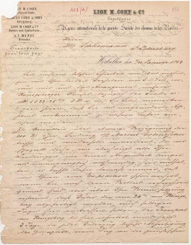 Letter sent by Cohn, Lion M. & Co. to Schliemann, Heinrich, 1863