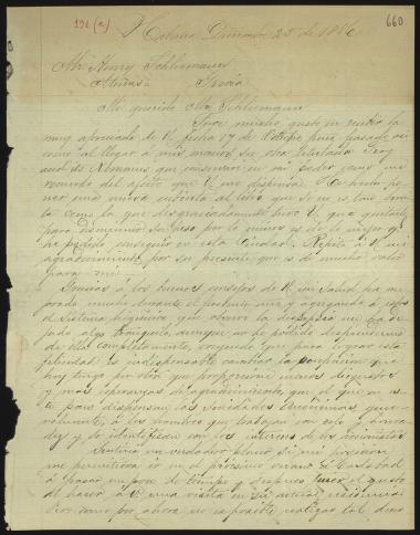 Letter sent by Ealo, Juan to Schliemann, Heinrich, 1886
