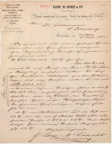 Letter sent by Cohn, Lion M. & Co. to Schliemann, Heinrich, 1862