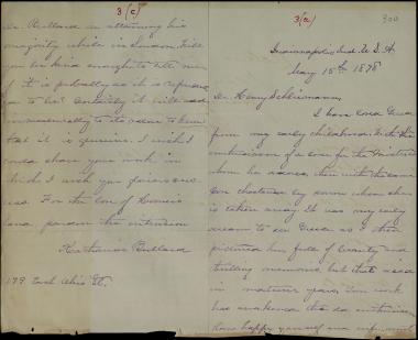 Letter sent by Bullard, Katharine to Schliemann, Heinrich, 1878