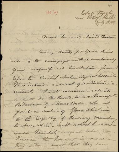 Letter sent by Bogouschevsky, Nicolas de to Schliemann, Heinrich, 1877