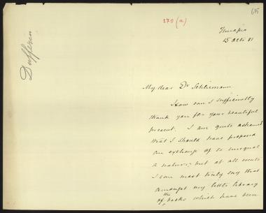 Letter sent by Dufferin, ? to Schliemann, Heinrich, 1881