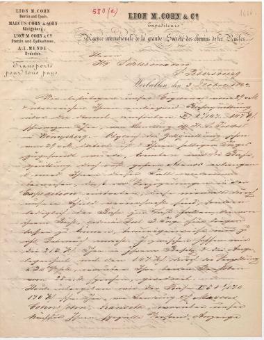 Letter sent by Cohn, Lion M. & Co. to Schliemann, Heinrich, 1862
