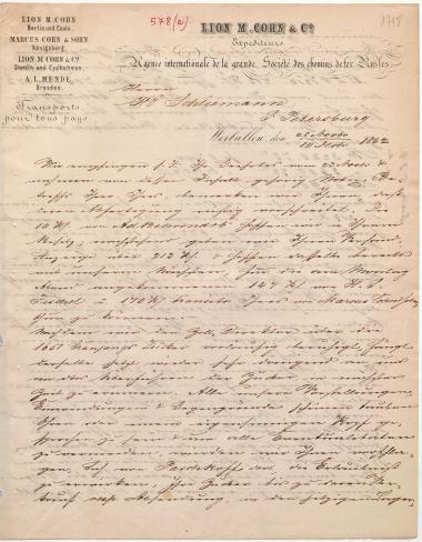 Letter sent by Cohn, Lion M. & Co. to Schliemann, Heinrich, 1862