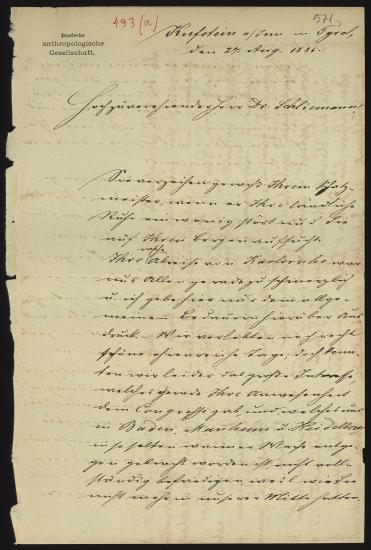 Letter sent by Weismann, Joh. to Schliemann, Heinrich, 1885